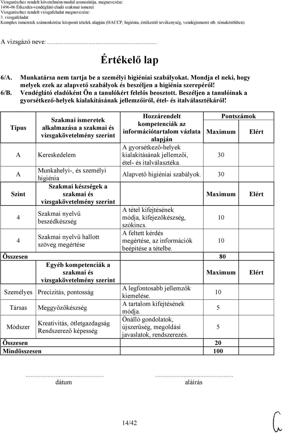 Típus Szint Szakmai ismeretek alkalmazása a Kereskedelem Munkahelyi-, és személyi higiénia Szakmai készségek a Szakmai nyelvű beszédkészség Szakmai nyelvű hallott szöveg megértése Hozzárendelt