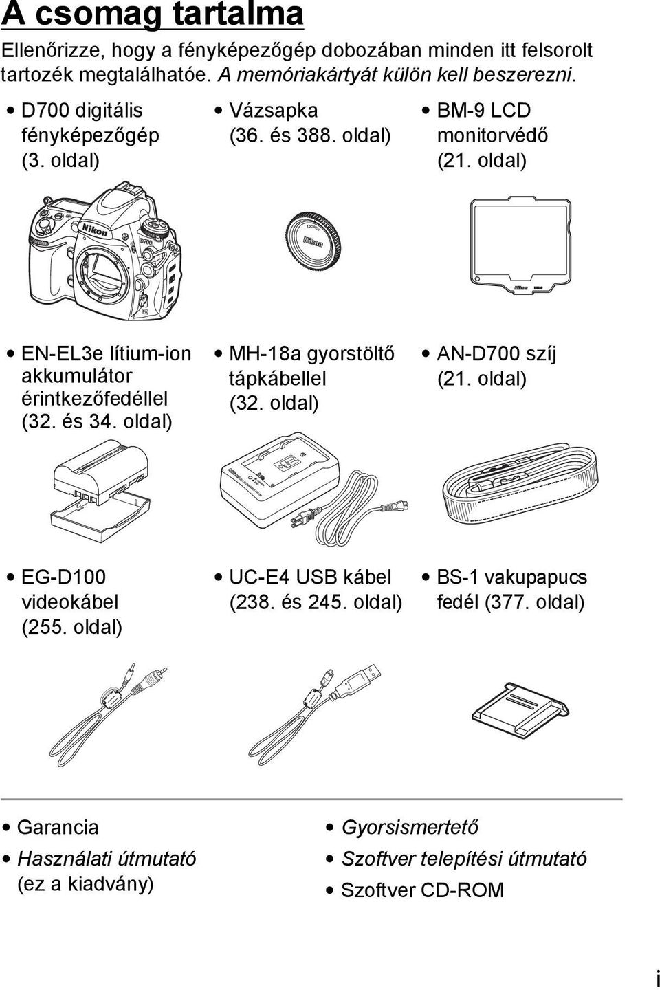 oldal) EN-EL3e lítium-ion akkumulátor érintkezőfedéllel (32. és 34. oldal) MH-18a gyorstöltő tápkábellel (32. oldal) AN-D700 szíj (21.