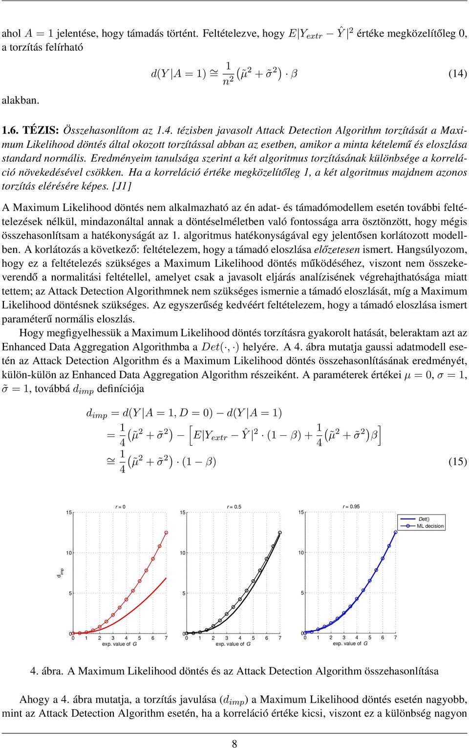 tézisben javasolt Attack Detection Algorithm torzítását a Maximum Likelihood döntés által okozott torzítással abban az esetben, amikor a minta kételemű és eloszlása standard normális.