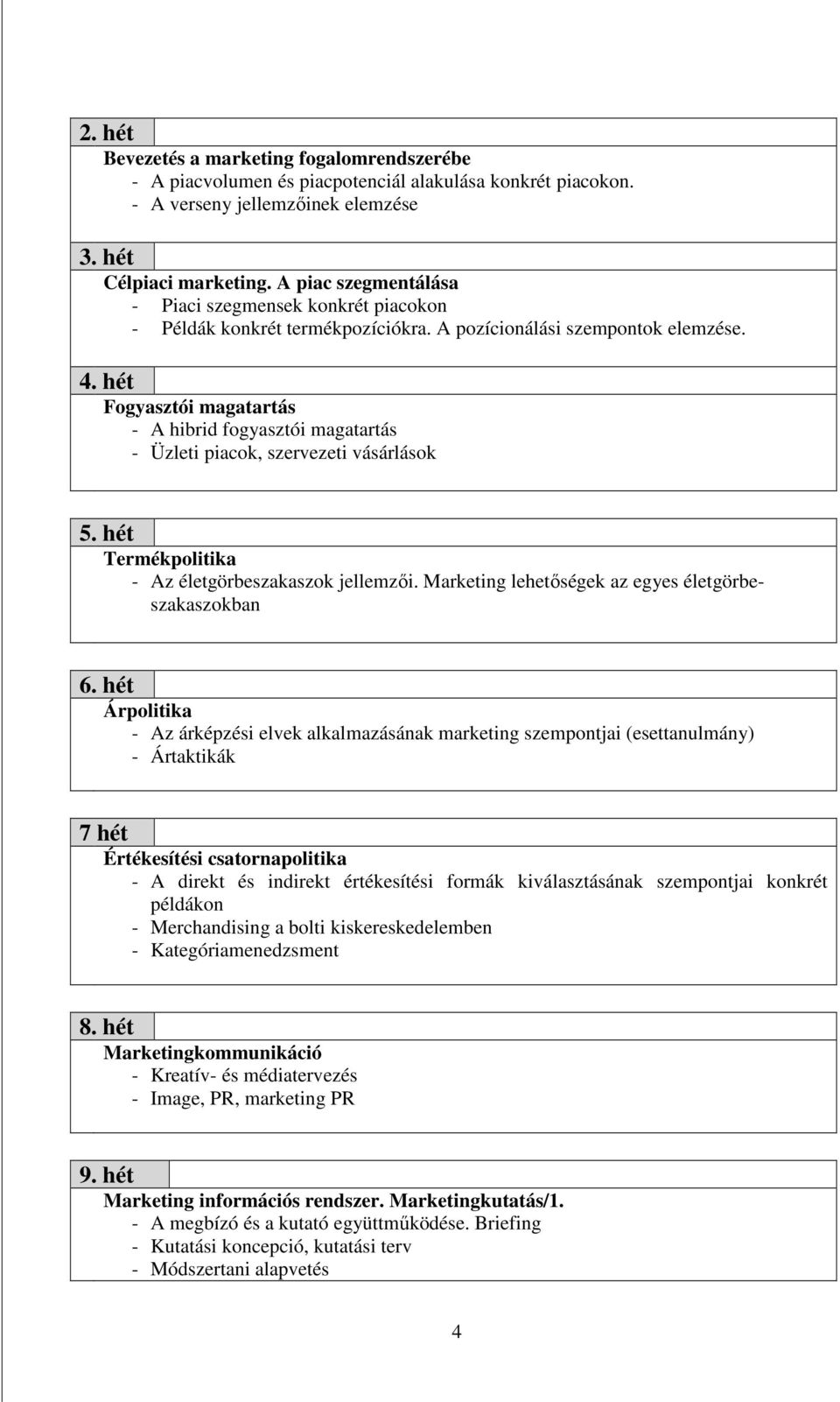 hét Fogyasztói magatartás - A hibrid fogyasztói magatartás - Üzleti piacok, szervezeti vásárlások 5. hét Termékpolitika - Az életgörbeszakaszok jellemzıi.