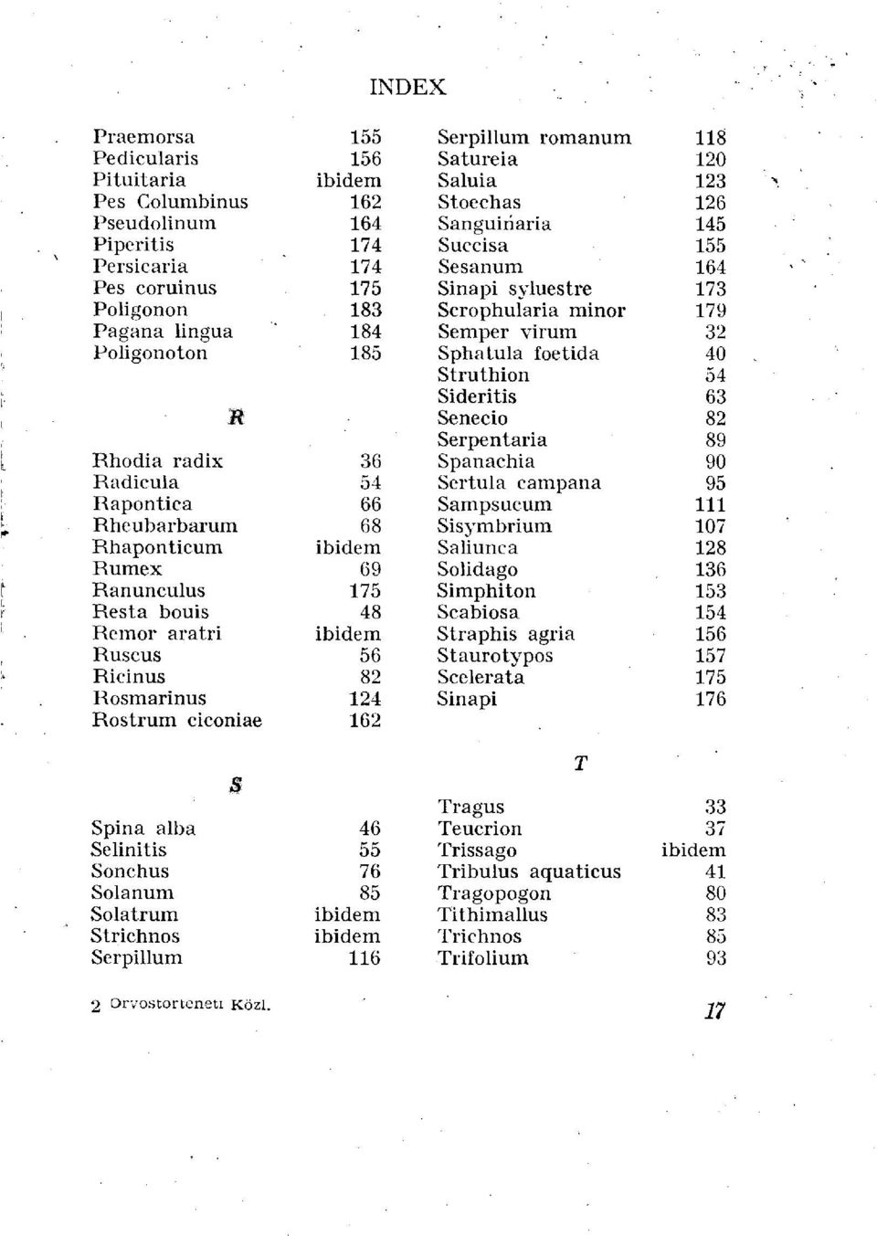 Serpentaria 89 Rhodia radix 36 Spanachia 90 Radieula 54 Sertula campana 95 Rapontica 66 Sampsucum 111 Rheubarbarum 68 Sisymbrium 107 Rhaponticum ibidem Saliunca 128 Rumex 69 Solidago 136 Ranunculus