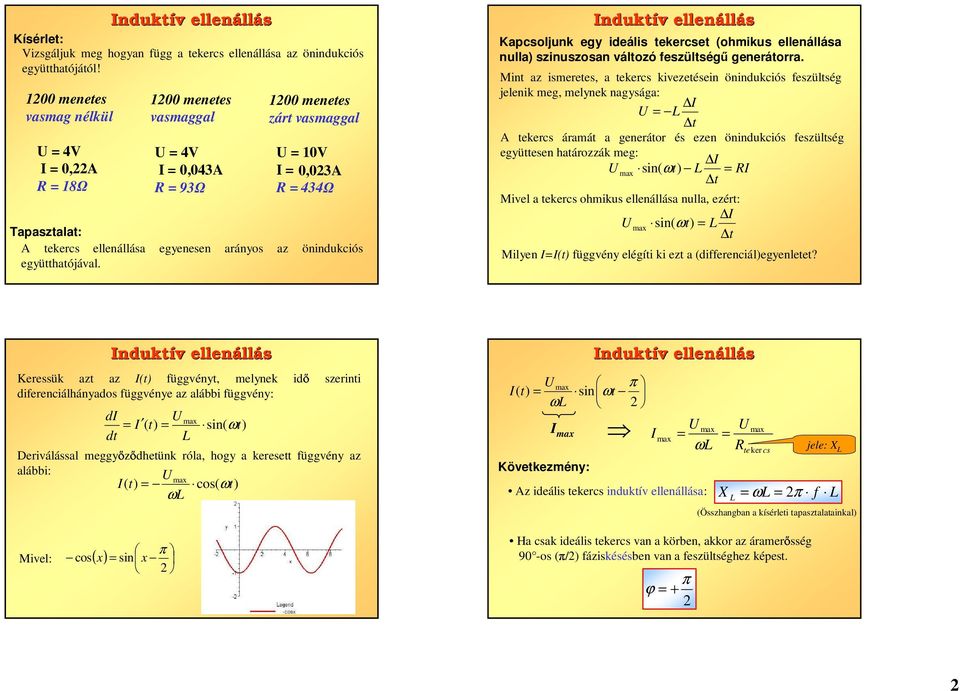 nduktív v ellenáll Kapcsoljunk egy ideális tekercset (ohmikus ellenáa nulla) szinuszosan változó feszültség generátorra.