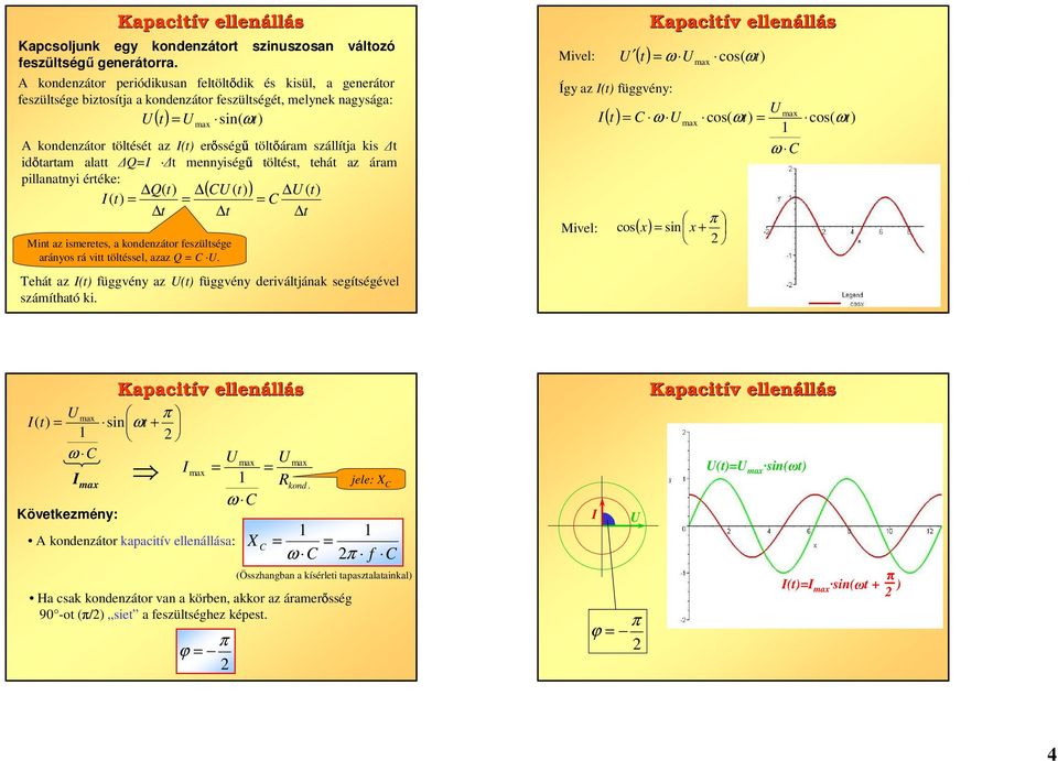 szállítja kis t idıtartam alatt Q= t mennyiségőtöltést, tehát az áram pillanatnyi értéke: Q( ( = = ( C ( ) ( t = C ) Mint az ismeretes, a kondenzátor feszültsége arányos rá vitt töltéssel, azaz Q = C.