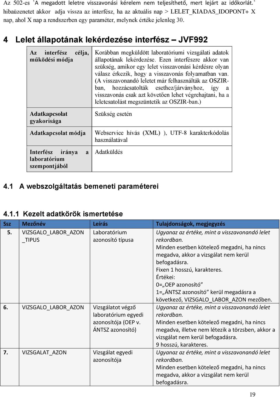 4 Lelet állapotának lekérdezése interfész JVF992 Az interfész célja, működési módja Adatkapcsolat gyakorisága Adatkapcsolat módja Interfész iránya a laboratórium szempontjából Korábban megküldött