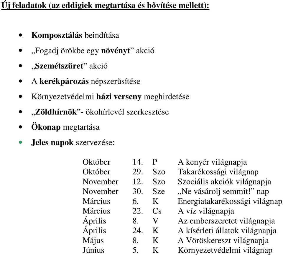 Szo Takarékossági világnap November 12. Szo Szociális akciók világnapja November 30. Sze Ne vásárolj semmit! nap Március 6. K Energiatakarékossági világnap Március 22.