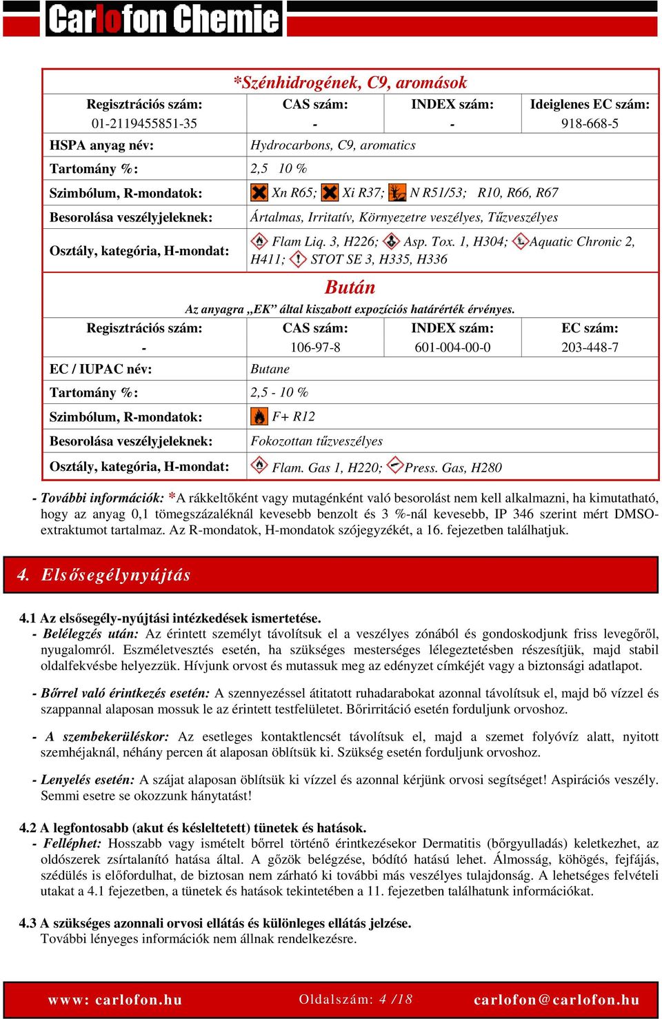 1, H304; Aquatic Chronic 2, H411; STOT SE 3, H335, H336 Bután Az anyagra EK által kiszabott expozíciós határérték érvényes.