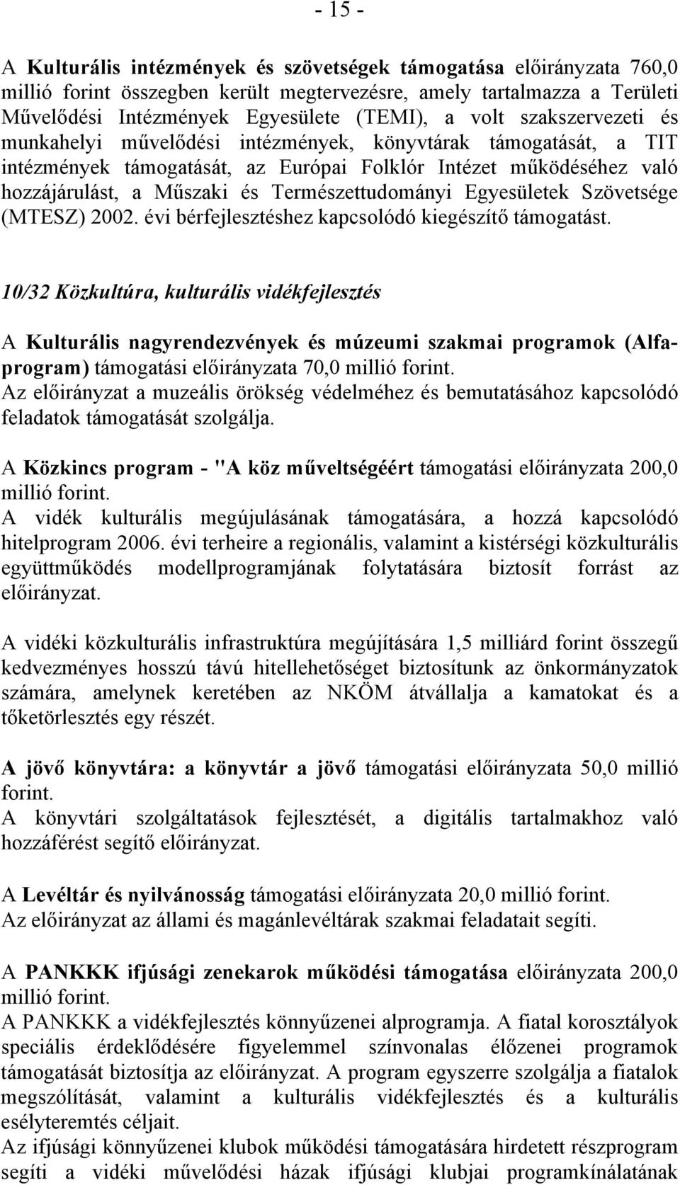 Természettudományi Egyesületek Szövetsége (MTESZ) 2002. évi bérfejlesztéshez kapcsolódó kiegészítő támogatást.