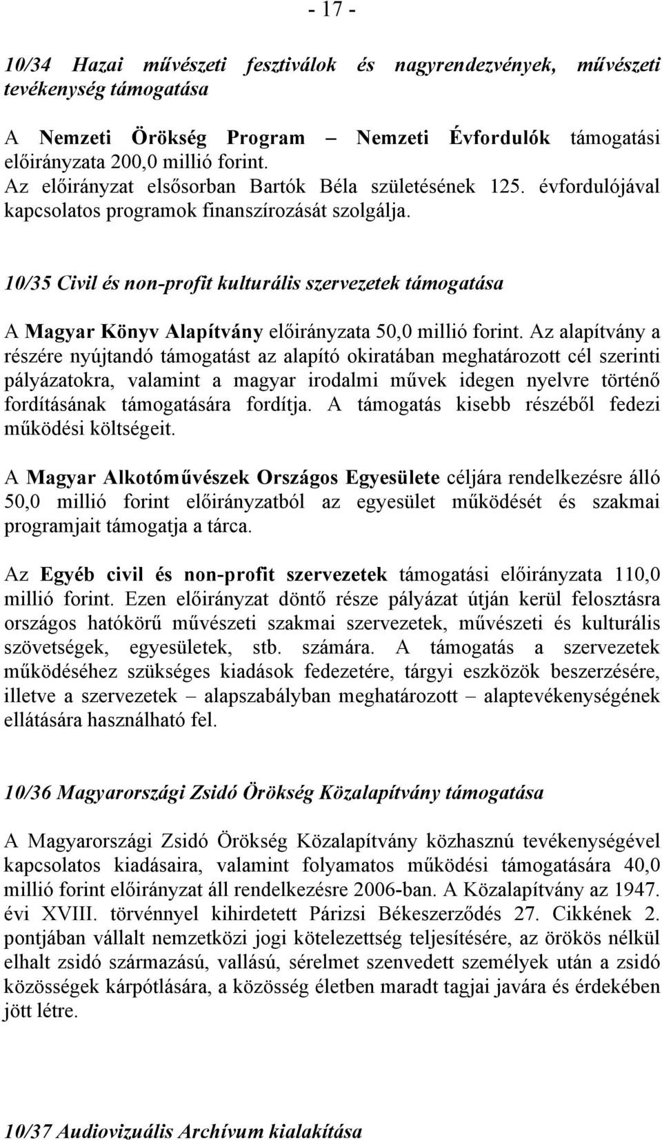 10/35 Civil és non-profit kulturális szervezetek támogatása A Magyar Könyv Alapítvány előirányzata 50,0 millió forint.