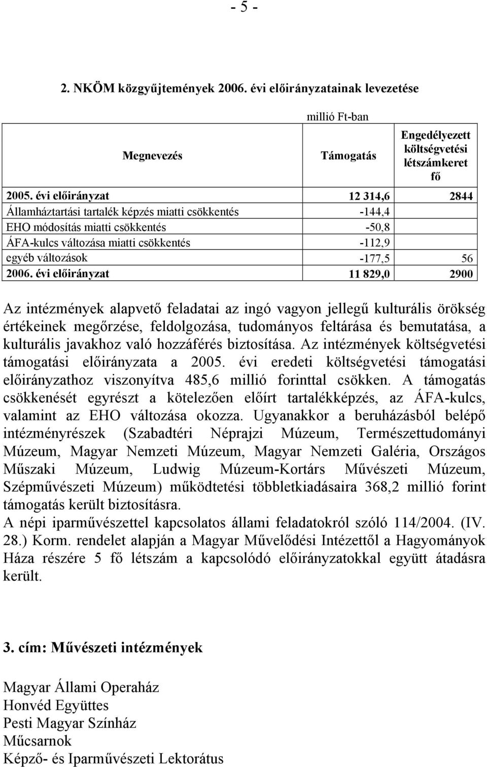 2006. évi előirányzat 11 829,0 2900 Az intézmények alapvető feladatai az ingó vagyon jellegű kulturális örökség értékeinek megőrzése, feldolgozása, tudományos feltárása és bemutatása, a kulturális