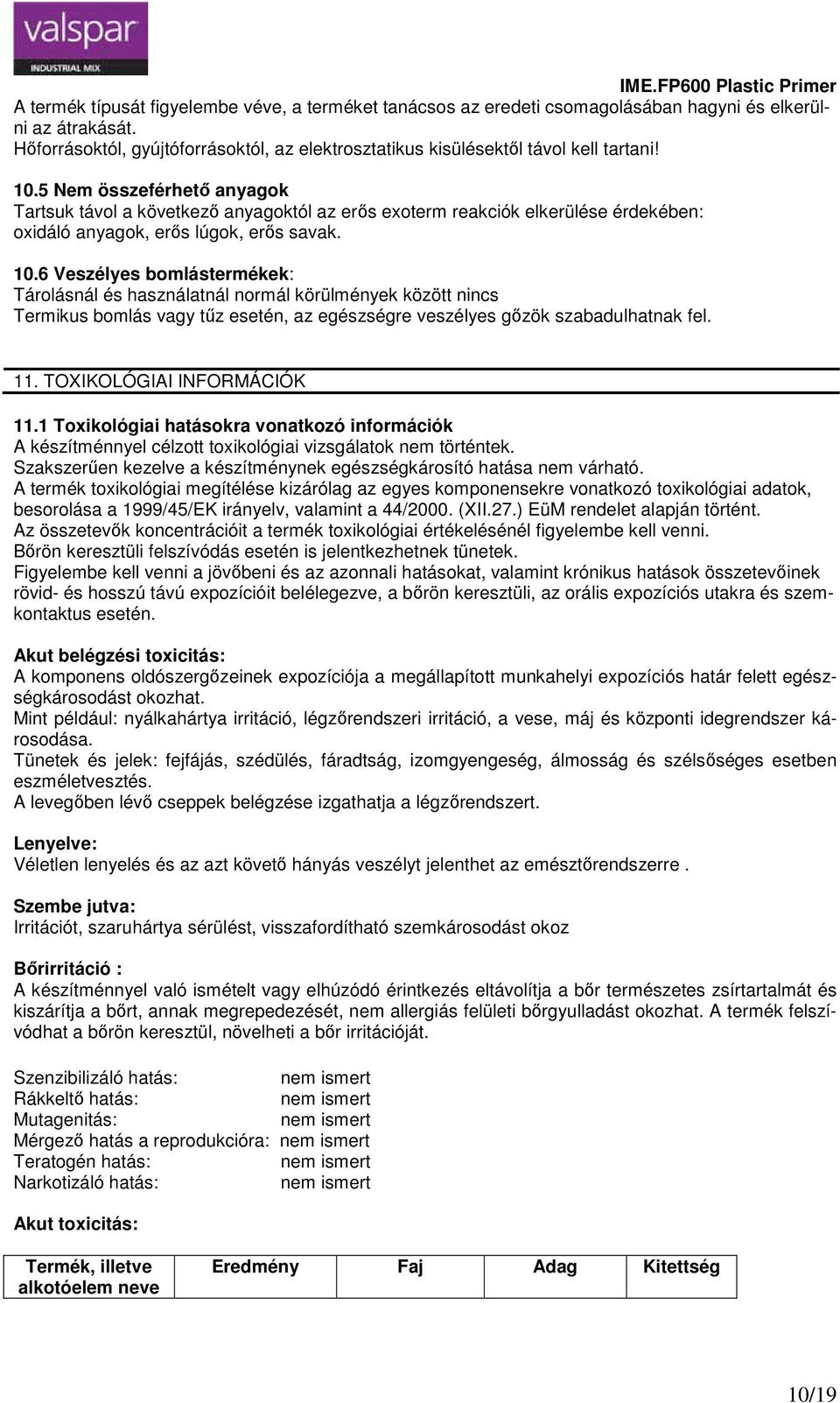 6 Veszélyes bomlástermékek Tárolásnál és használatnál normál körülmények között nincs Termikus bomlás vagy tűz esetén, az egészségre veszélyes gőzök szabadulhatnak fel. 11.