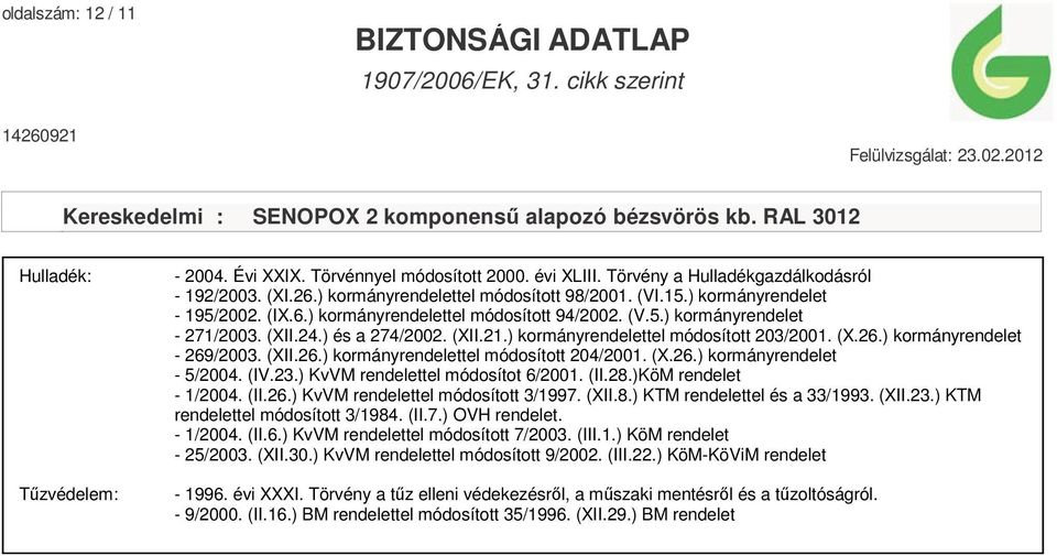 ) kormányrendelet - 269/2003. (XII.26.) kormányrendelettel módosított 204/2001. (X.26.) kormányrendelet - 5/2004. (IV.23.) KvVM rendelettel módosítot 6/2001. (II.28.)KöM rendelet - 1/2004. (II.26.) KvVM rendelettel módosított 3/1997.