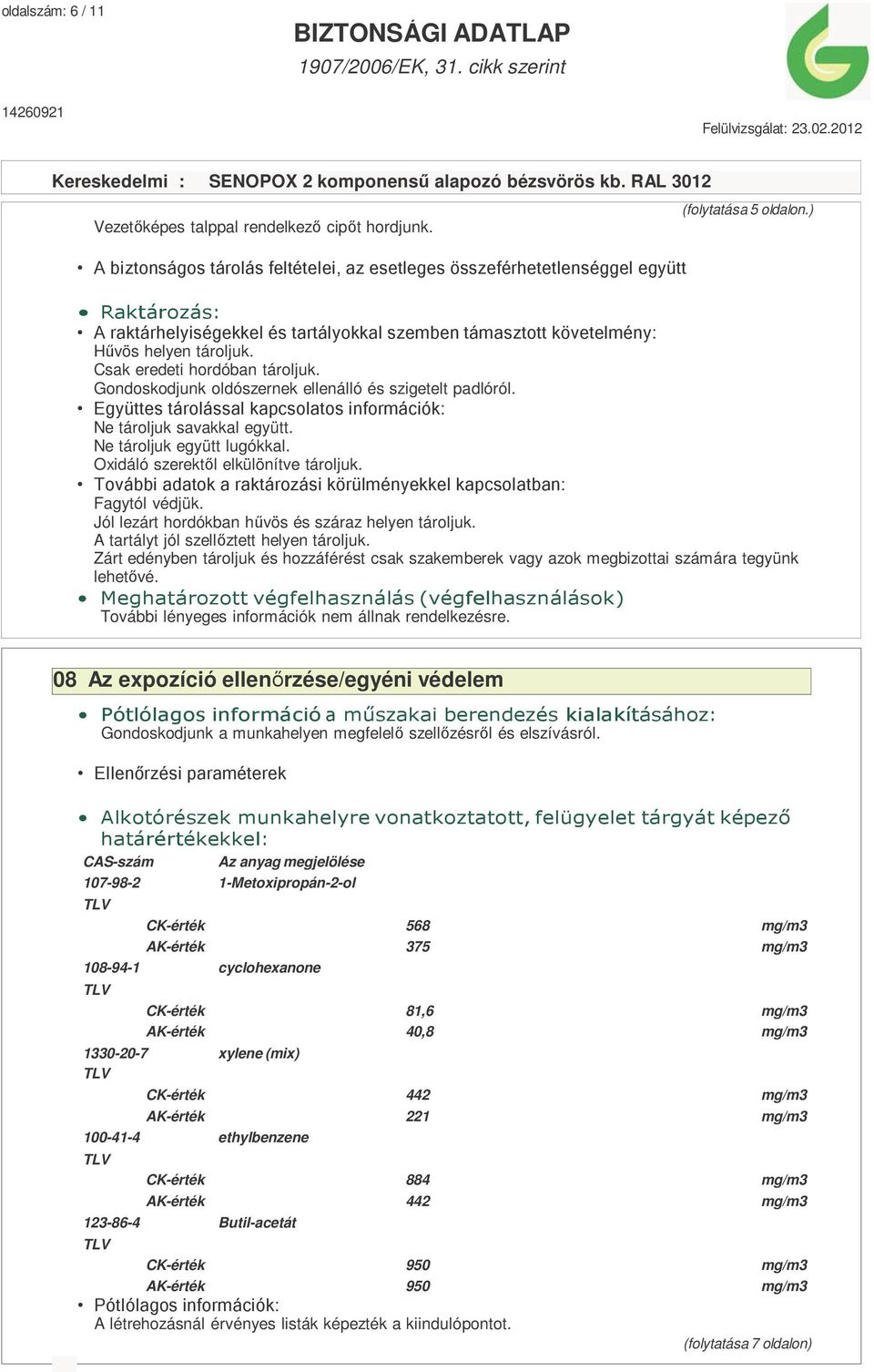 Együttes tárolással kapcsolatos információk: Ne tároljuk savakkal együtt. Ne tároljuk együtt lugókkal. Oxidáló szerektől elkülönítve tároljuk.