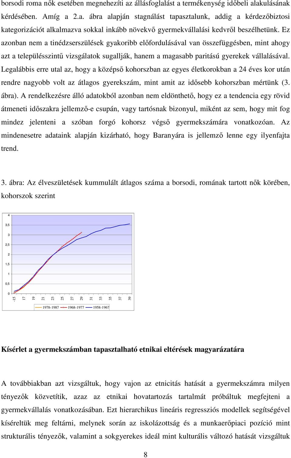 Legalábbis erre utal az, hogy a középső kohorszban az egyes életkorokban a 24 éves kor után rendre nagyobb volt az átlagos gyerekszám, mint amit az idősebb kohorszban mértünk (3. ábra).