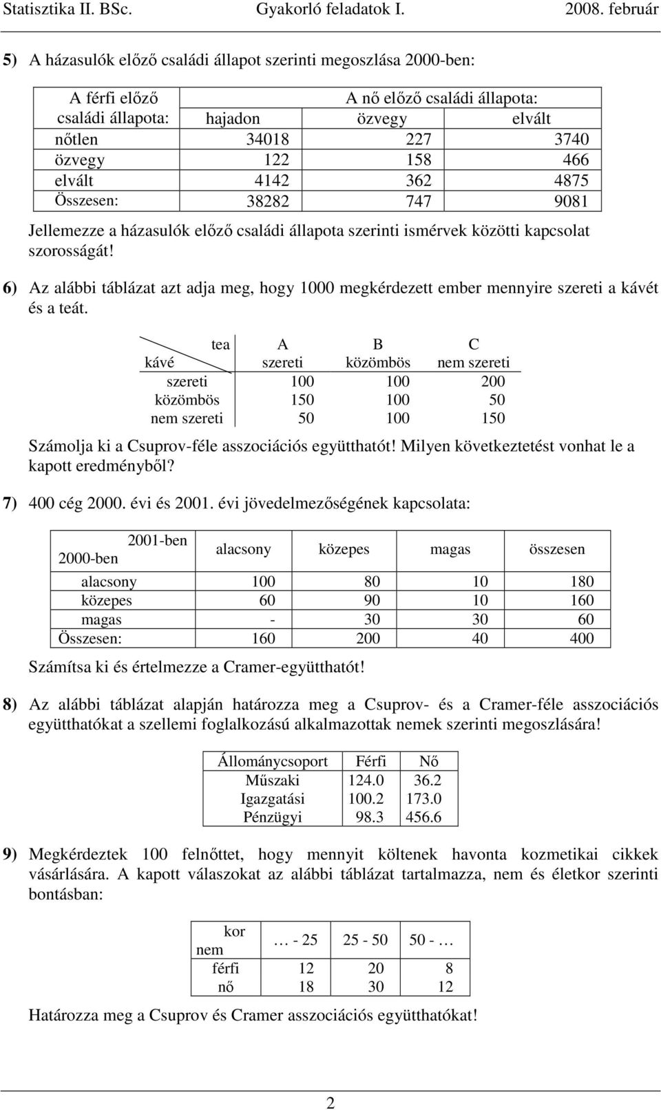 6) Az alábbi táblázat azt adja meg, hogy 1000 megkérdezett ember mennyire szereti a kávét és a teát.