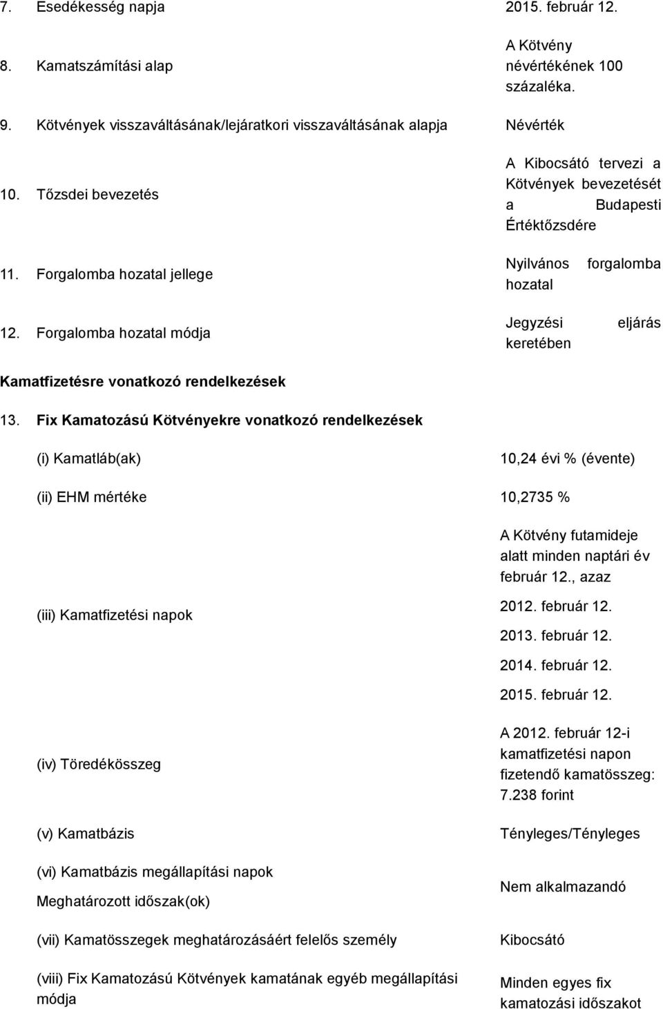 Forgalomba hozatal módja Kamatfizetésre vonatkozó rendelkezések Nyilvános hozatal Jegyzési keretében forgalomba eljárás 13.