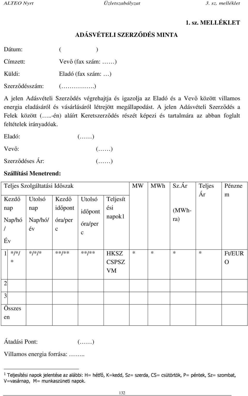 .-én) aláírt Keretszerződés részét képezi és tartalmára az abban foglalt feltételek irányadóak. Eladó: ( ) Vevő: Szerződéses Ár: ( ) ( ) Szállítási Menetrend: Teljes Szolgáltatási Időszak MW MWh Sz.