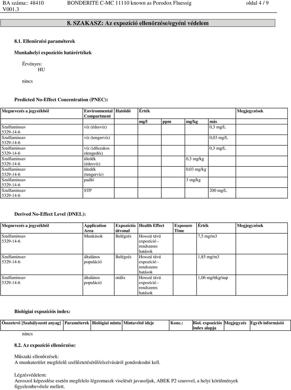 Concentration (PNEC): Megnevezés a jegyzékből Environmental Compartment víz (édesvíz) víz (tengervíz) víz (időszakos elengedés) üledék (édesvíz) üledék (tengervíz) padló STP Hatóidő Érték