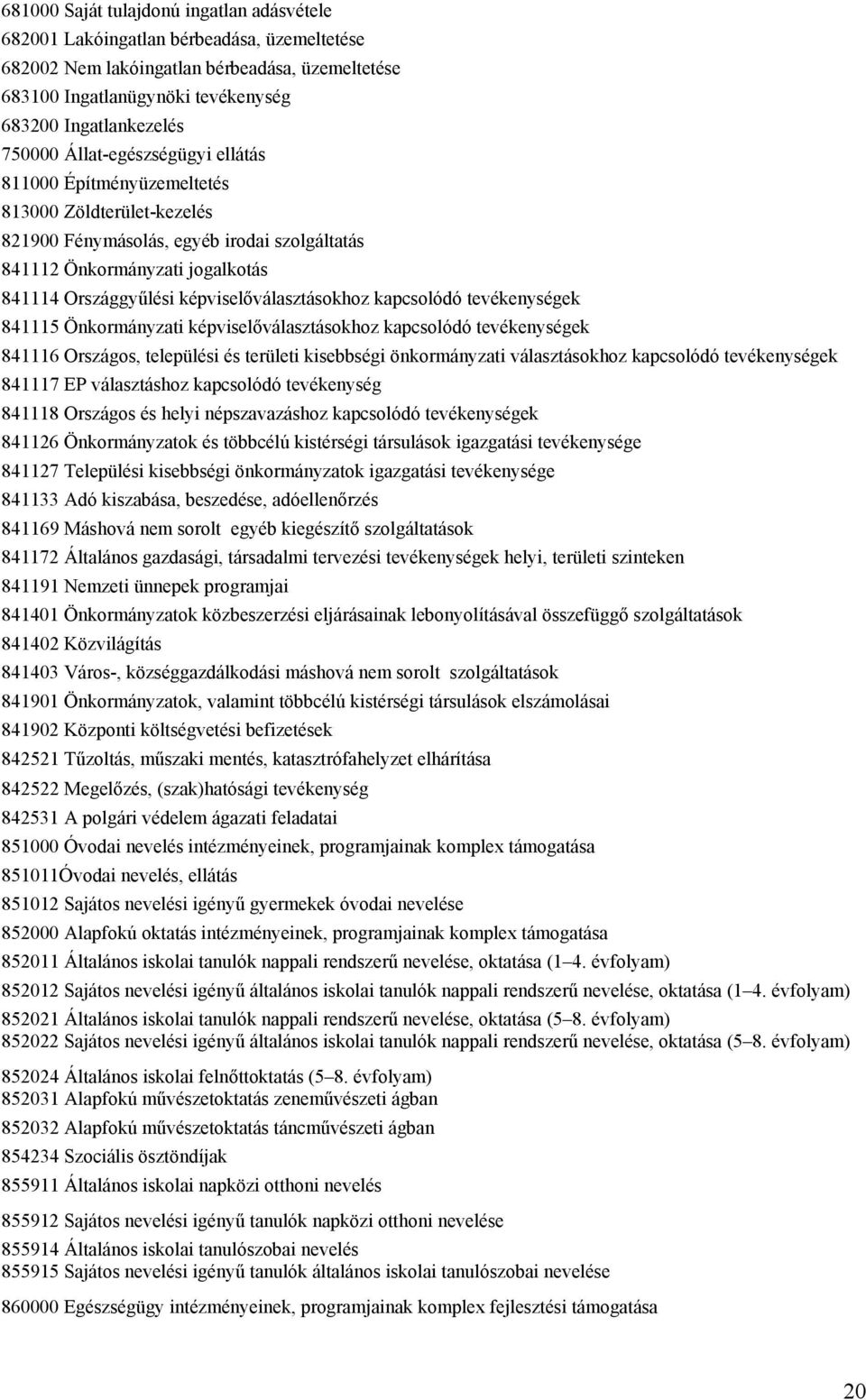 képviselőválasztásokhoz kapcsolódó tevékenységek 841115 Önkormányzati képviselőválasztásokhoz kapcsolódó tevékenységek 841116 Országos, települési és területi kisebbségi önkormányzati választásokhoz