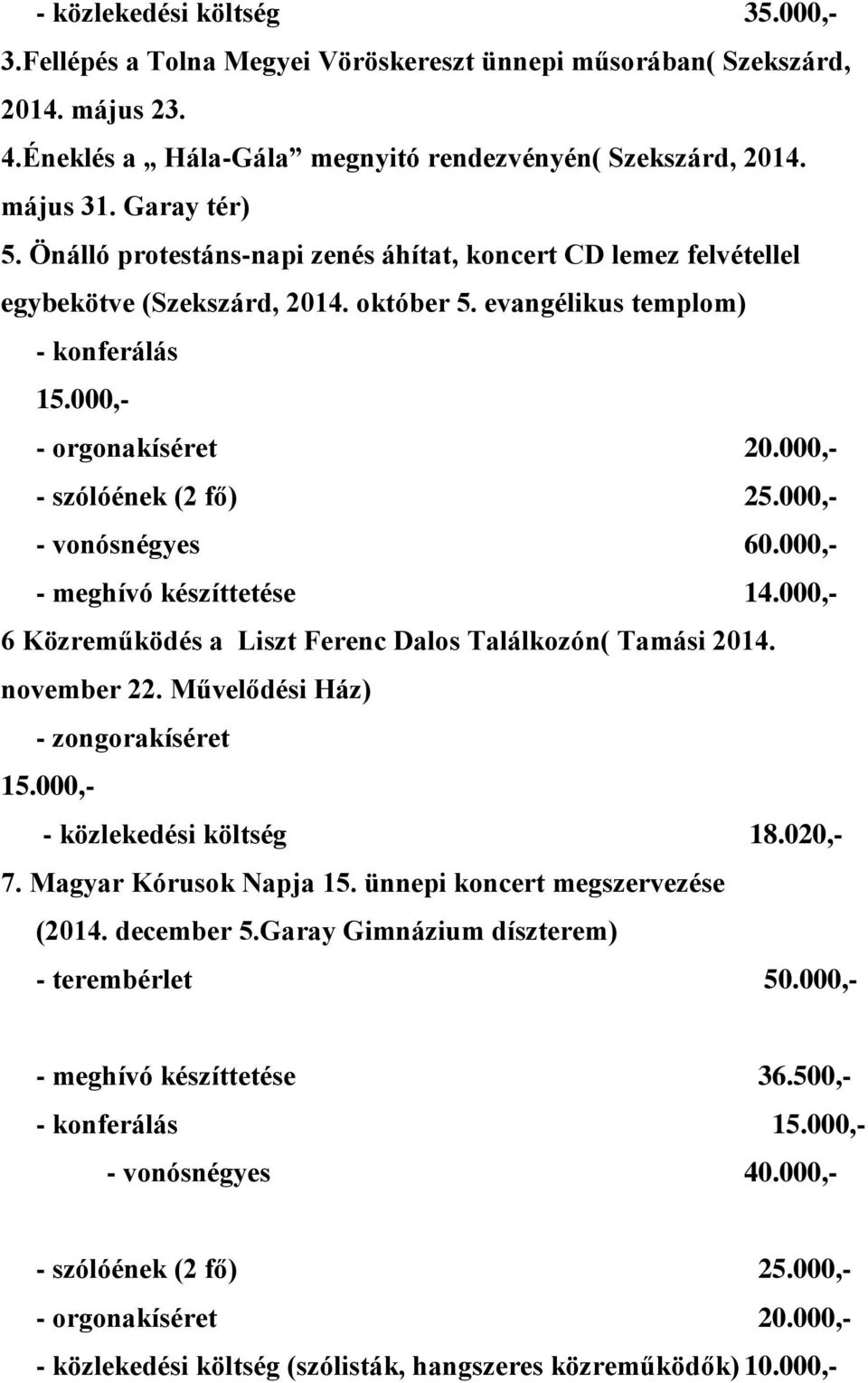 000,- - meghívó készíttetése 14.000,- 6 Közreműködés a Liszt Ferenc Dalos Találkozón( Tamási 2014. november 22. Művelődési Ház) - zongorakíséret 15.000,- - közlekedési költség 18.020,- 7.