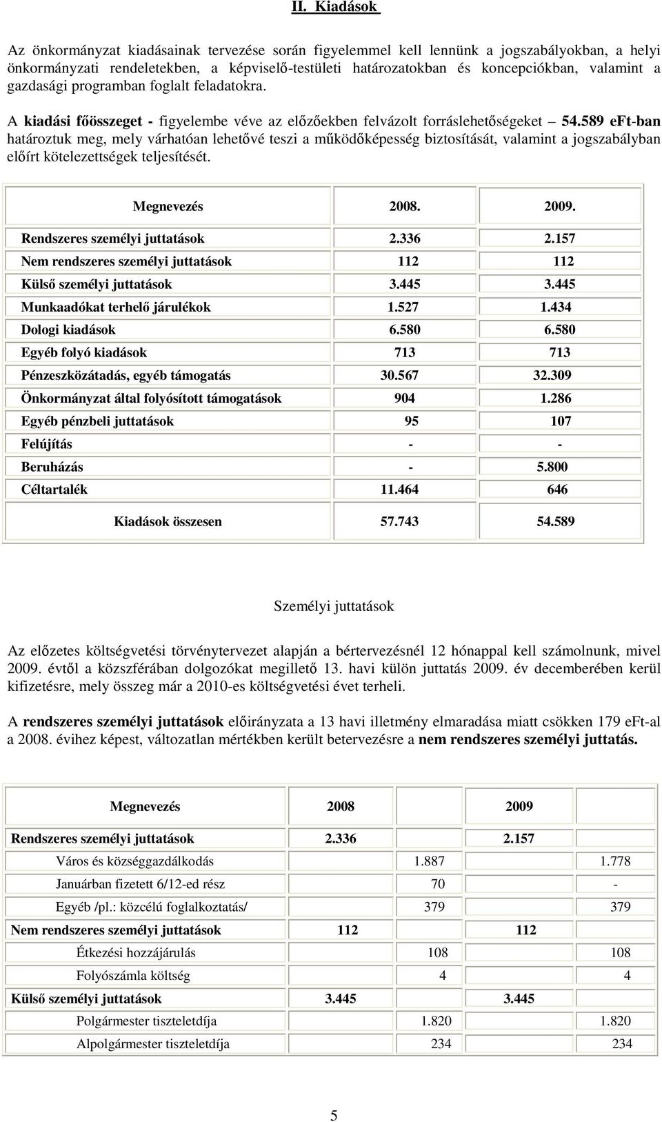 589 eft-ban határoztuk meg, mely várhatóan lehetıvé teszi a mőködıképesség biztosítását, valamint a jogszabályban elıírt kötelezettségek teljesítését. Megnevezés 2008. 2009.