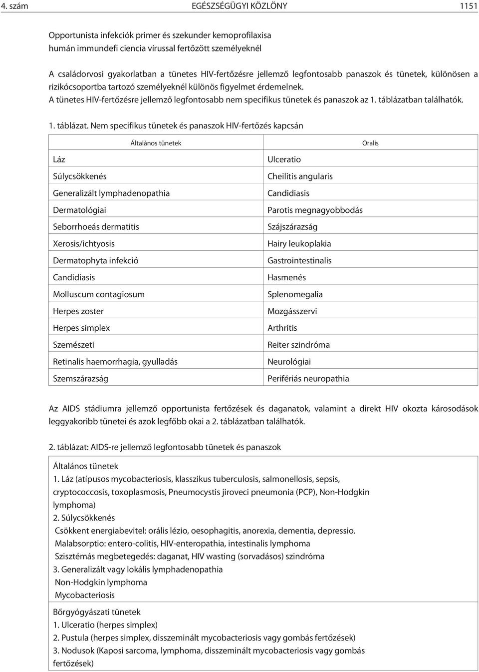 A tünetes HIV-fertõzésre jellemzõ legfontosabb nem specifikus tünetek és panaszok az 1. táblázatb