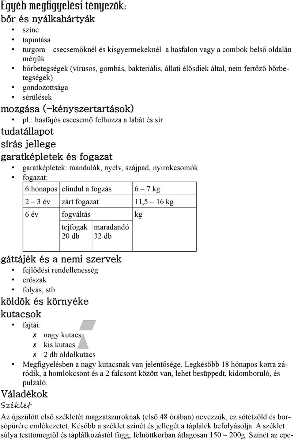 : hasfájós csecsemő felhúzza a lábát és sír tudatállapot sírás jellege garatképletek és fogazat garatképletek: mandulák, nyelv, szájpad, nyirokcsomók fogazat: 6 hónapos elindul a fogzás 6 7 kg 2 3 év