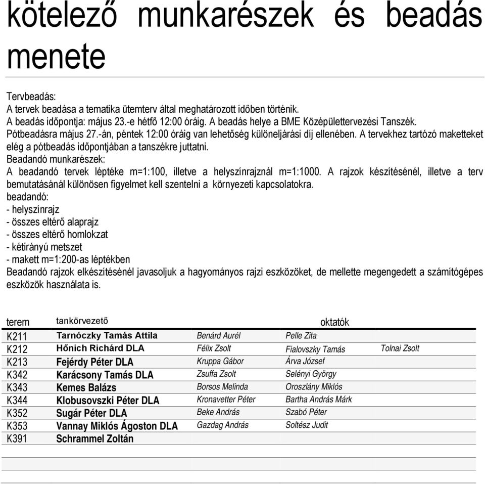 A tervekhez tartózó maketteket elég a pótbeadás időpontjában a tanszékre juttatni. Beadandó munkarészek: A beadandó tervek léptéke m=1:100, illetve a helyszínrajznál m=1:1000.