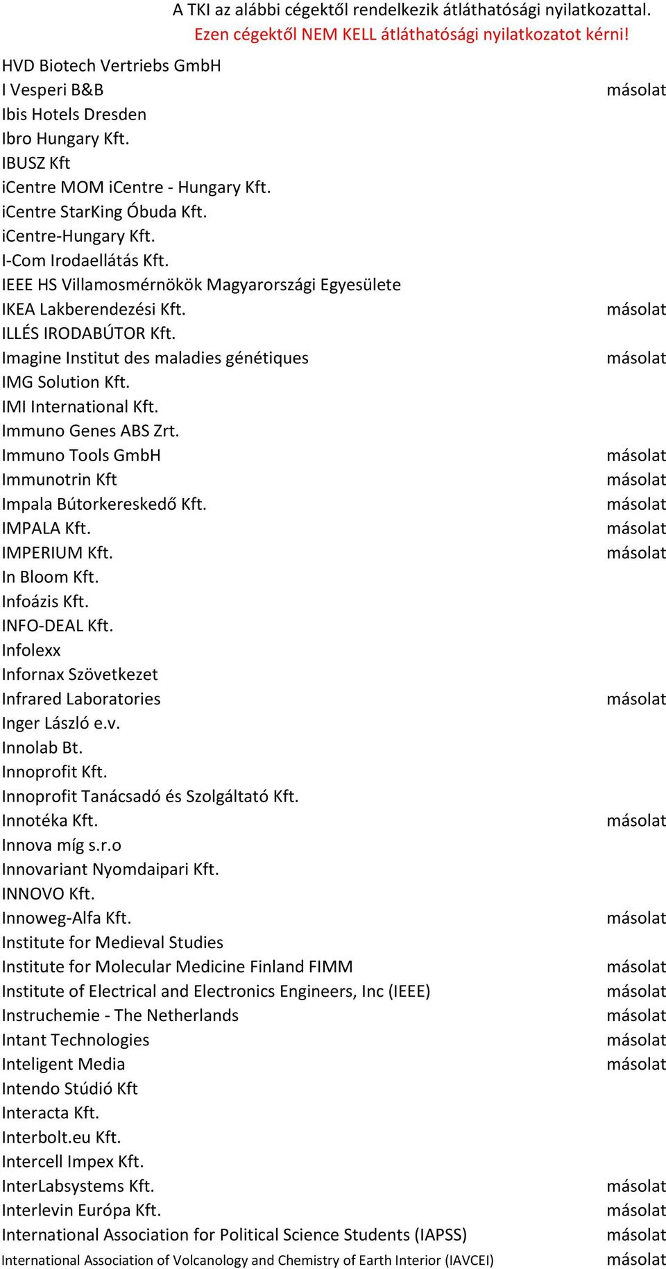 Immuno Tools GmbH Immunotrin Kft Impala Bútorkereskedő Kft. IMPALA Kft. IMPERIUM Kft. In Bloom Kft. Infoázis Kft. INFO-DEAL Kft. Infolexx Infornax Szövetkezet Infrared Laboratories Inger László e.v. Innolab Bt.