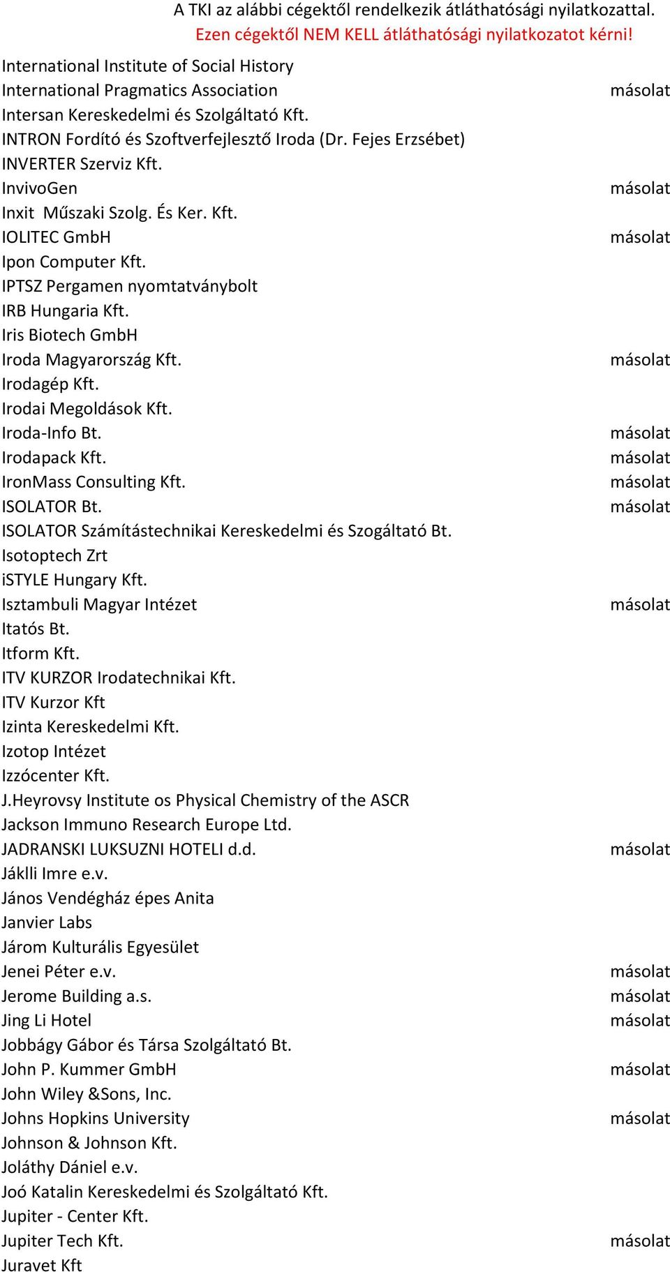 Iris Biotech GmbH Iroda Magyarország Kft. Irodagép Kft. Irodai Megoldások Kft. Iroda-Info Bt. Irodapack Kft. IronMass Consulting Kft. ISOLATOR Bt.