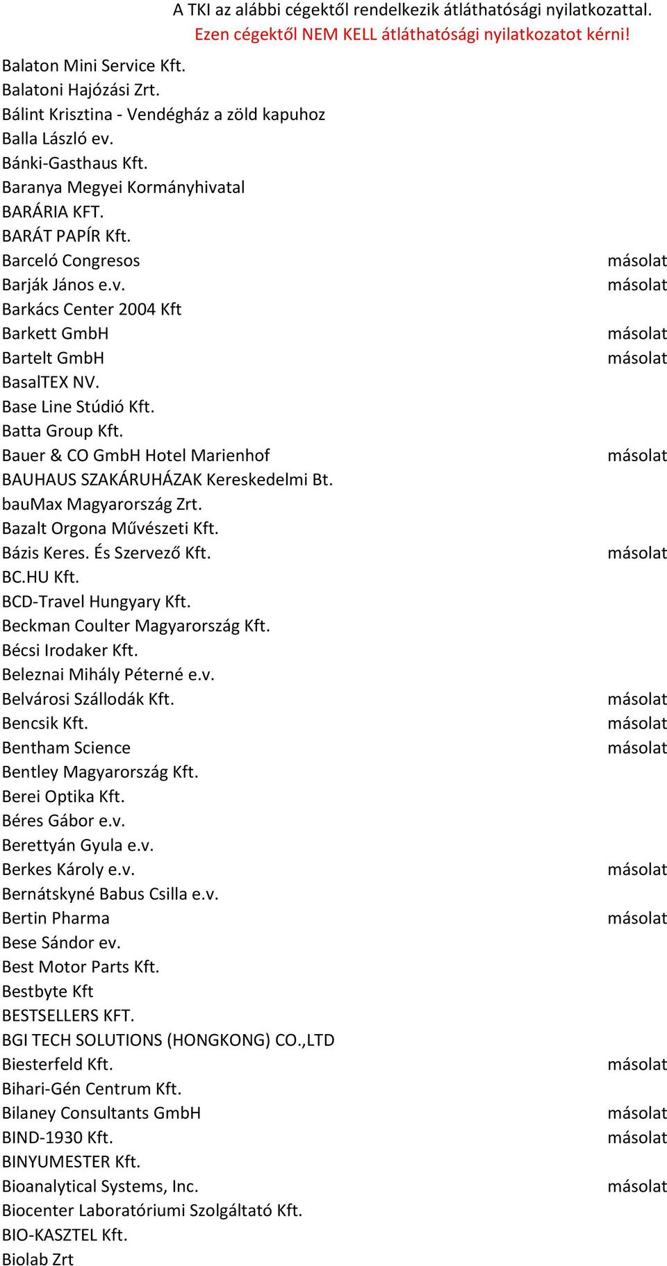Bauer & CO GmbH Hotel Marienhof BAUHAUS SZAKÁRUHÁZAK Kereskedelmi Bt. baumax Magyarország Zrt. Bazalt Orgona Művészeti Kft. Bázis Keres. És Szervező Kft. BC.HU Kft. BCD-Travel Hungyary Kft.