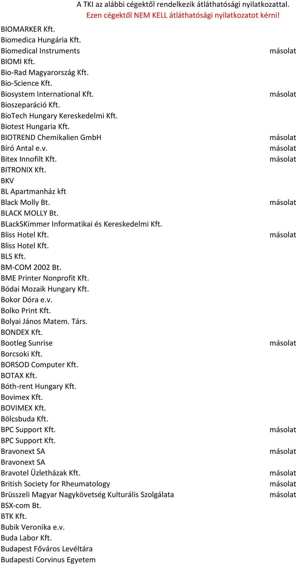 Bliss Hotel Kft. Bliss Hotel Kft. BLS Kft. BM-COM 2002 Bt. BME Printer Nonprofit Kft. Bódai Mozaik Hungary Kft. Bokor Dóra e.v. Bolko Print Kft. Bolyai János Matem. Társ. BONDEX Kft.