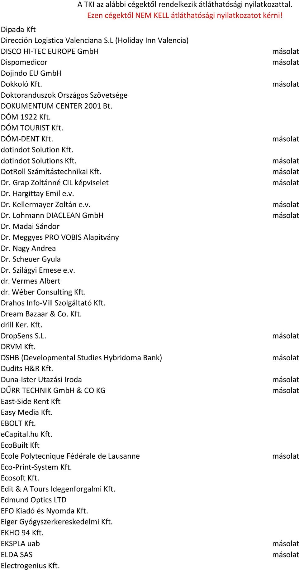 v. Dr. Lohmann DIACLEAN GmbH Dr. Madai Sándor Dr. Meggyes PRO VOBIS Alapítvány Dr. Nagy Andrea Dr. Scheuer Gyula Dr. Szilágyi Emese e.v. dr. Vermes Albert dr. Wéber Consulting Kft.