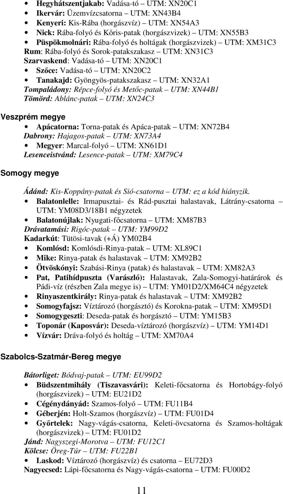 UTM: XN32A1 Tompaládony: Répce-folyó és Metőc-patak UTM: XN44B1 Tömörd: Ablánc-patak UTM: XN24C3 Veszprém megye Apácatorna: Torna-patak és Apáca-patak UTM: XN72B4 Dabrony: Hajagos-patak UTM: XN73A4