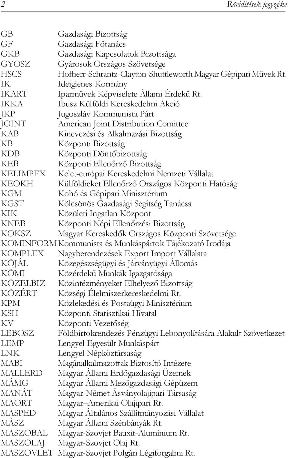 IKKA Ibusz Külföldi Kereskedelmi Akció JKP Jugoszláv Kommunista Párt JOINT American Joint Distribution Comittee KAB Kinevezési és Alkalmazási Bizottság KB Központi Bizottság KDB Központi