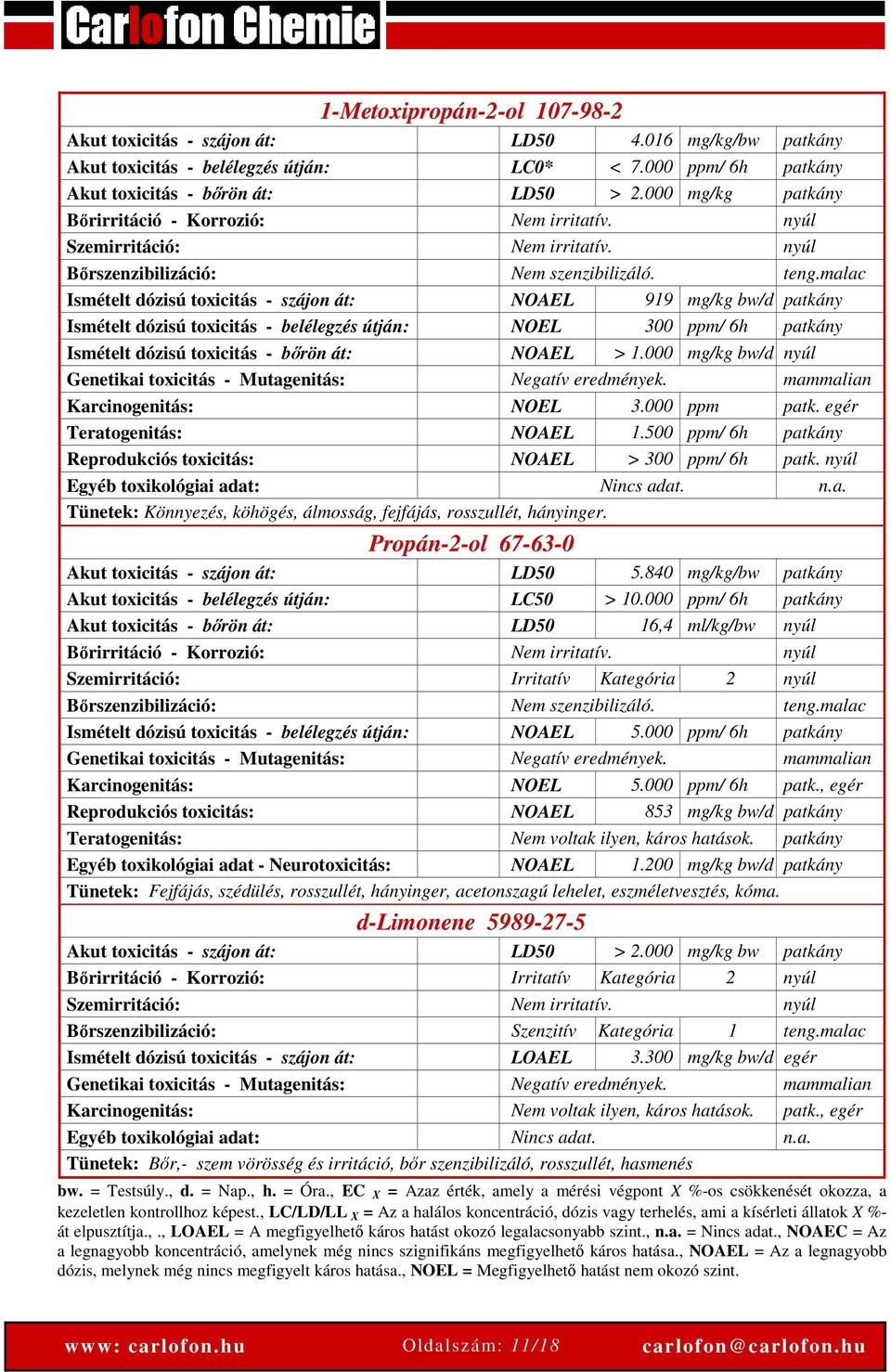 malac Ismételt dózisú toxicitás - szájon át: NOAEL 919 mg/kg bw/d patkány Ismételt dózisú toxicitás - belélegzés útján: NOEL 300 ppm/ 6h patkány Ismételt dózisú toxicitás - bőrön át: NOAEL > 1.