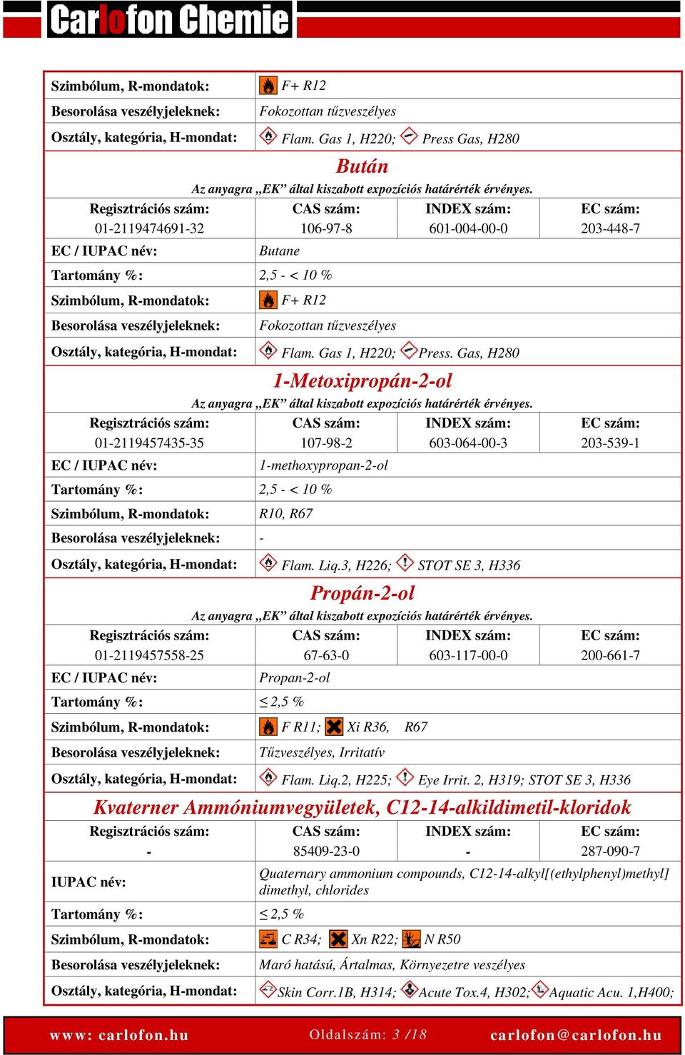 Regisztrációs szám: CAS szám: INDEX szám: EC szám: 01-2119474691-32 106-97-8 601-004-00-0 203-448-7 EC / IUPAC név: Butane Tartomány %: 2,5 - < 10 %  Gas 1, H220; Press.