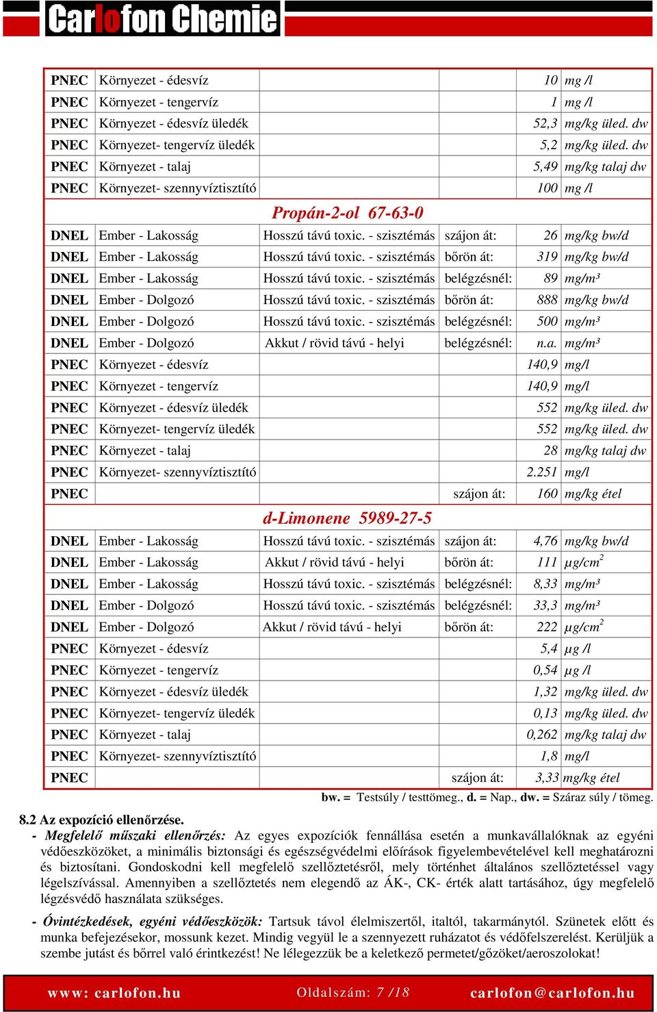 - szisztémás szájon át: 26 mg/kg bw/d DNEL Ember - Lakosság Hosszú távú toxic. - szisztémás bőrön át: 319 mg/kg bw/d DNEL Ember - Lakosság Hosszú távú toxic.