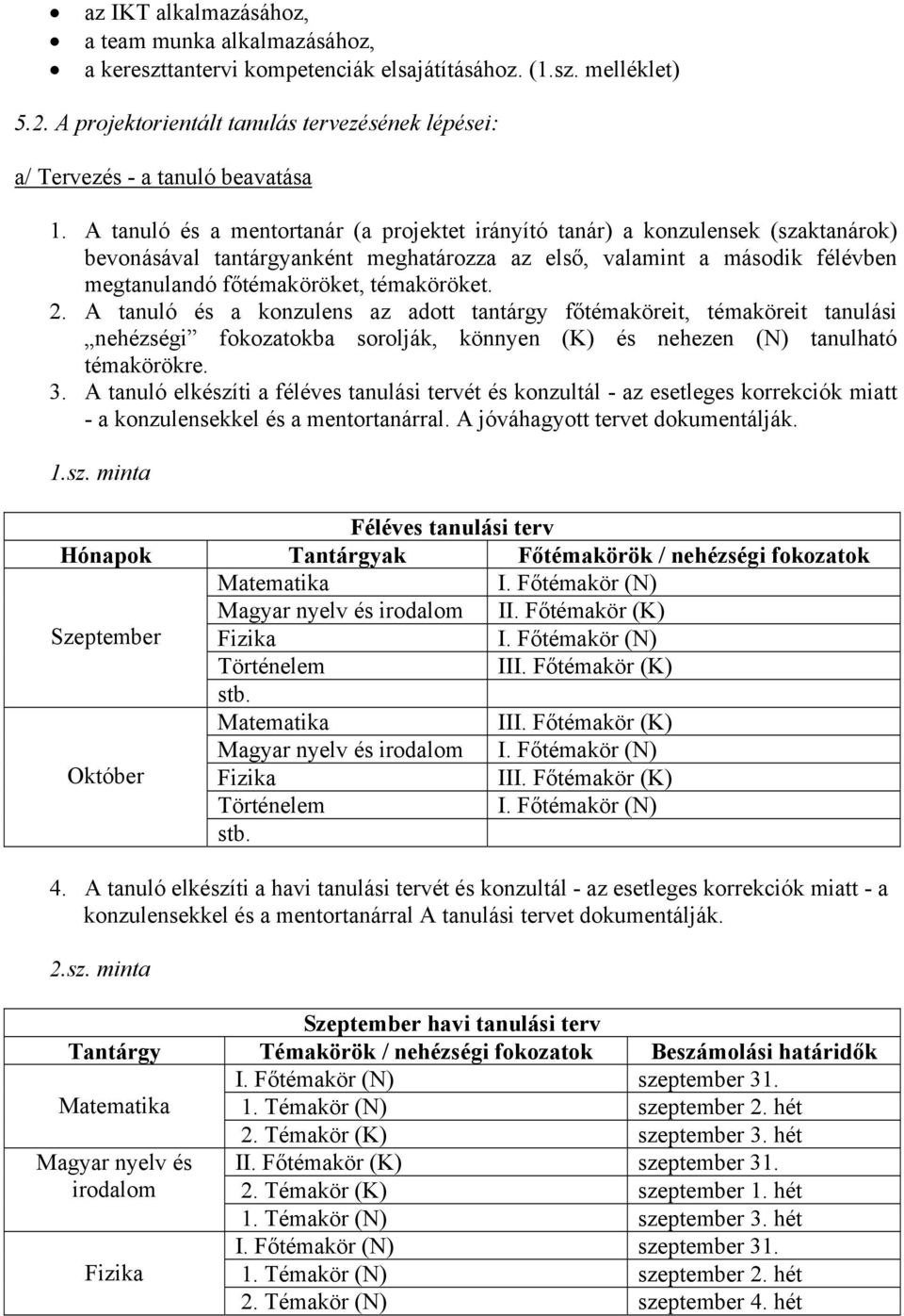 A tanuló és a mentortanár (a projektet irányító tanár) a konzulensek (szaktanárok) bevonásával tantárgyanként meghatározza az első, valamint a második félévben megtanulandó főtémaköröket, témaköröket.