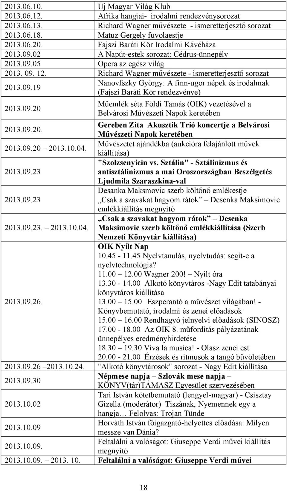 09.20 Műemlék séta Földi Tamás (OIK) vezetésével a Belvárosi Művészeti Napok keretében Gereben Zita Akusztik Trió koncertje a Belvárosi 2013.09.20. Művészeti Napok keretében Művészetet ajándékba (aukcióra felajánlott művek 2013.