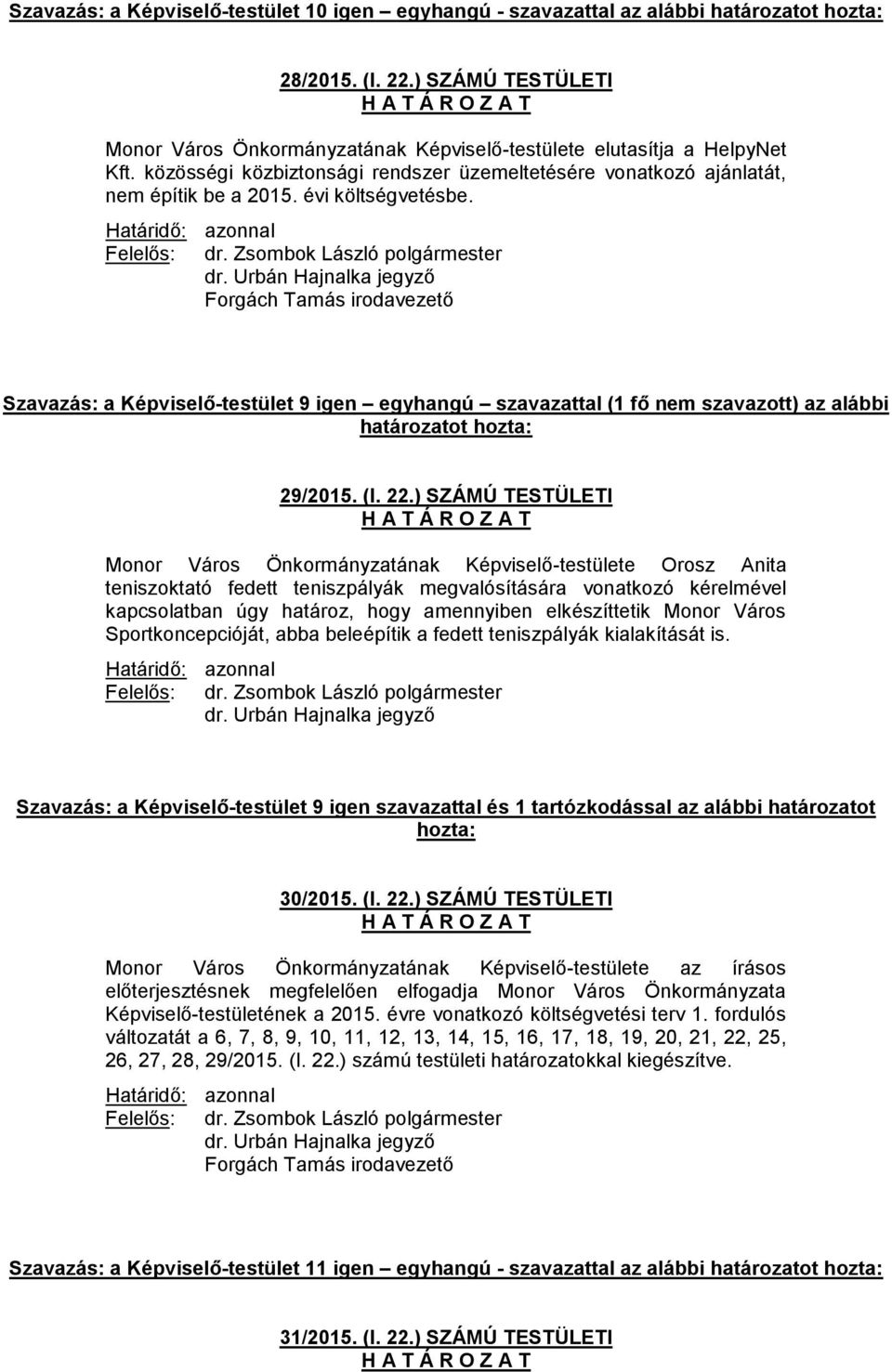 Szavazás: a Képviselő-testület 9 igen egyhangú szavazattal (1 fő nem szavazott) az alábbi határozatot hozta: 29/2015. (I. 22.