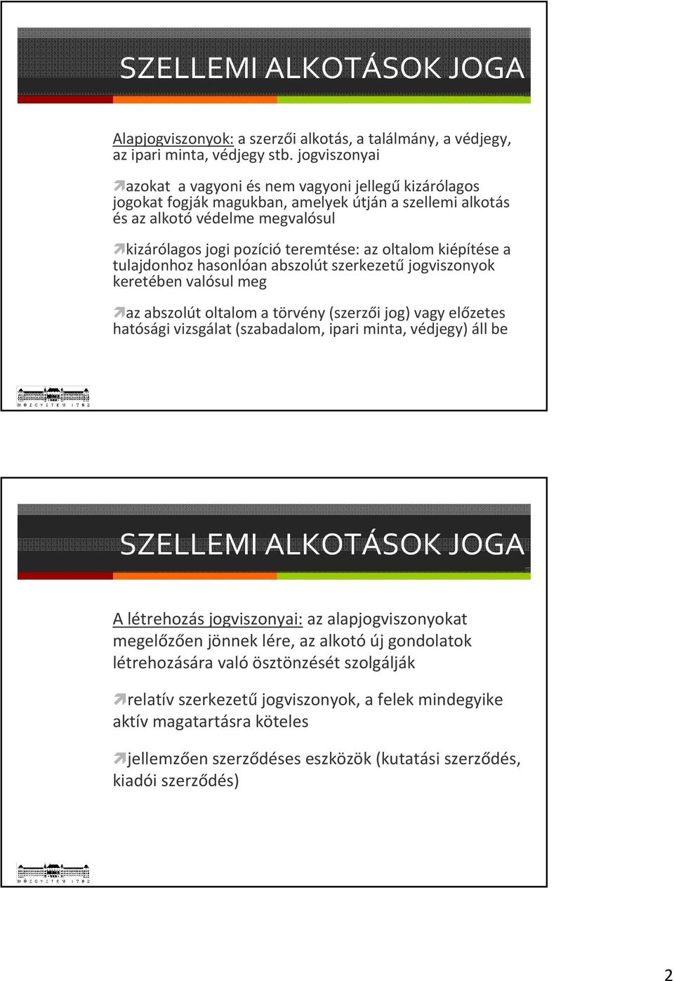 oltalom kiépítése a tulajdonhoz hasonlóan abszolút szerkezetű jogviszonyok keretében valósul meg az abszolút oltalom a törvény (szerzői jog) vagy előzetes hatósági vizsgálat (szabadalom, ipari minta,