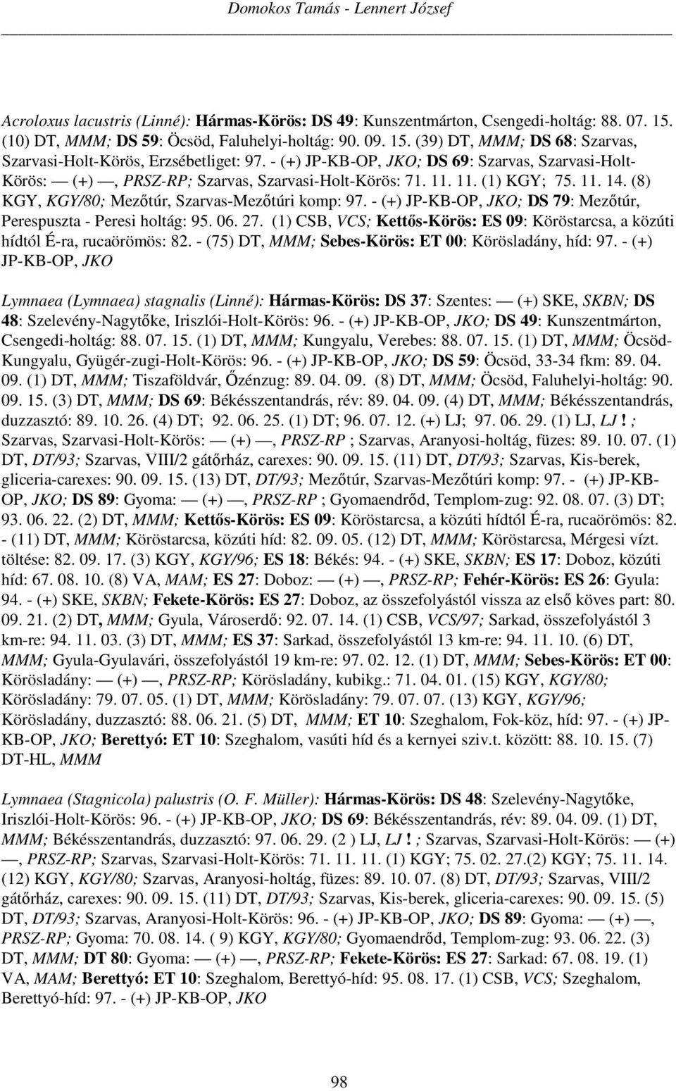 - (+) JP-KB-OP, JKO; DS 79: Mezőtúr, Perespuszta - Peresi holtág: 95. 06. 27. (1) CSB, VCS; Kettős-Körös: ES 09: Köröstarcsa, a közúti hídtól É-ra, rucaörömös: 82.