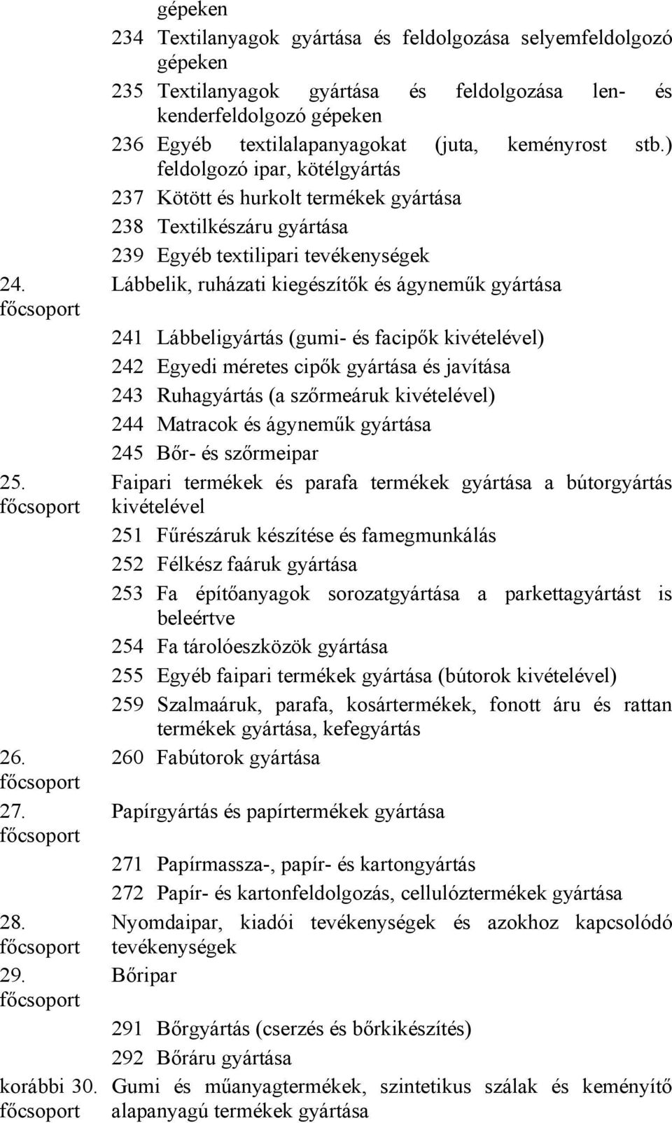 stb.) feldolgozó ipar, kötélgyártás 237 Kötött és hurkolt termékek gyártása 238 Textilkészáru gyártása 239 Egyéb textilipari tevékenységek Lábbelik, ruházati kiegészítők és ágyneműk gyártása 241