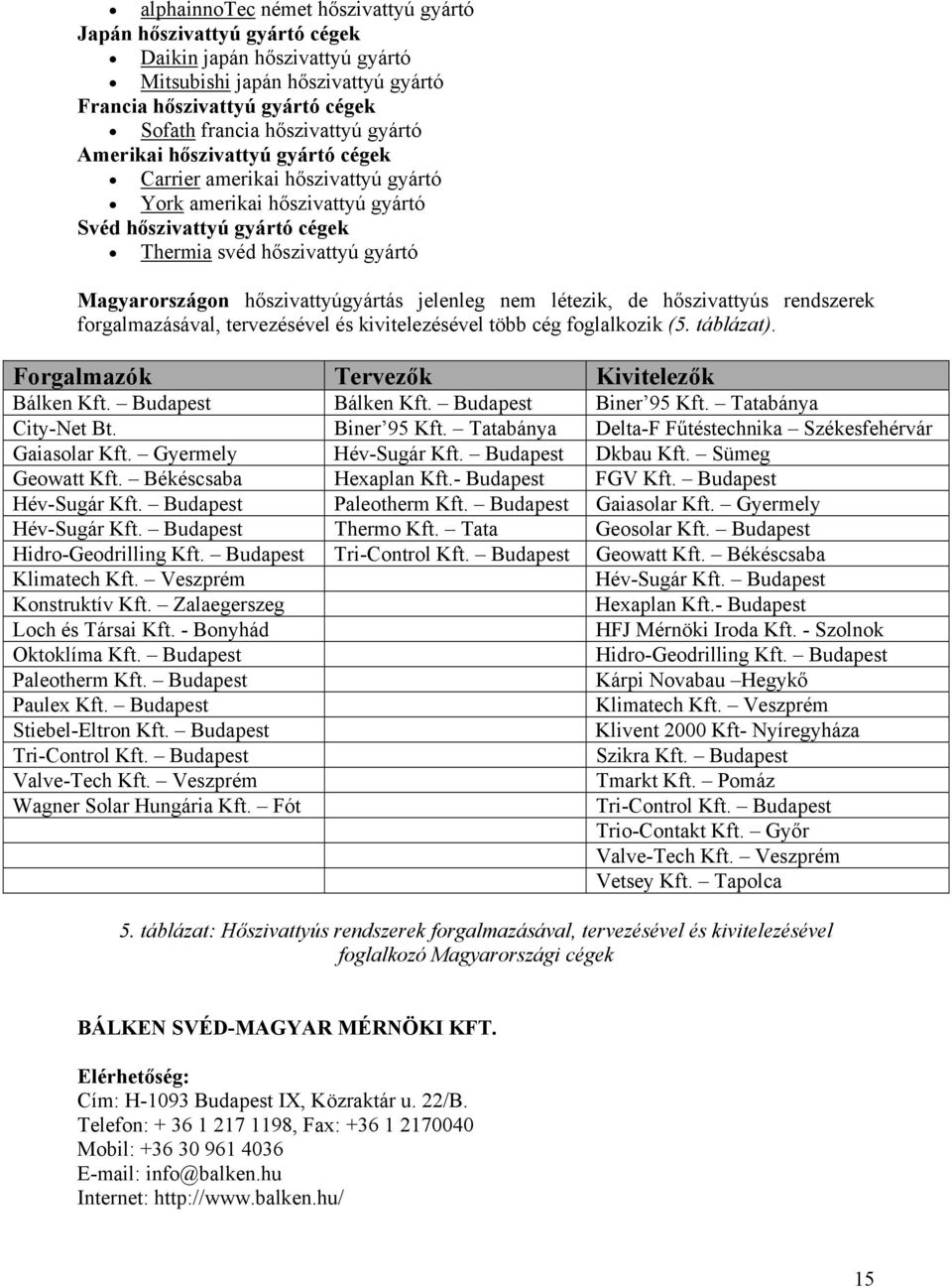 hőszivattyúgyártás jelenleg nem létezik, de hőszivattyús rendszerek forgalmazásával, tervezésével és kivitelezésével több cég foglalkozik (5. táblázat). Forgalmazók Tervezők Kivitelezők Bálken Kft.