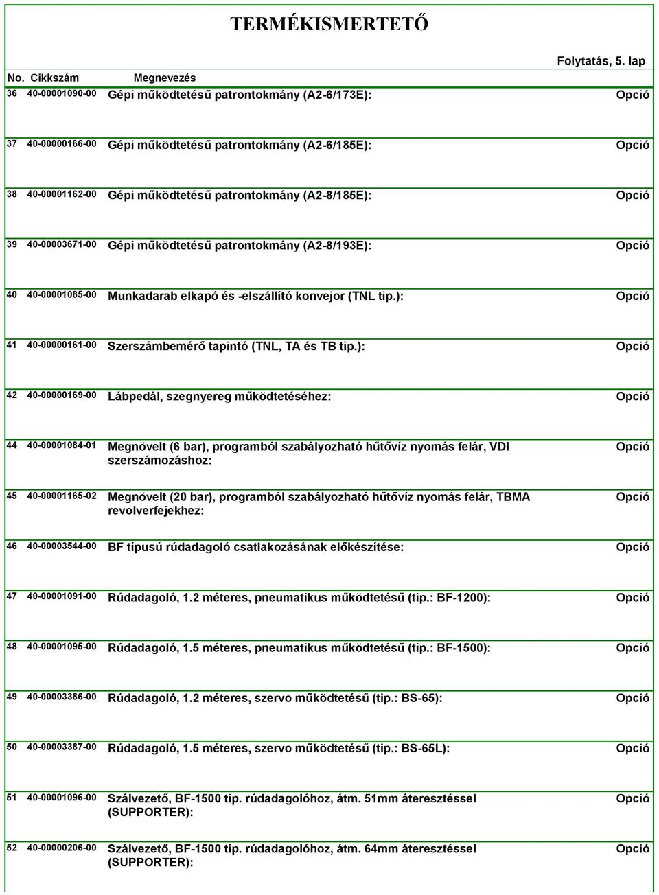 40-00003671-00 Gépi működtetésű patrontokmány (A2-8/193E): 40 40-00001085-00 Munkadarab elkapó és -elszállító konvejor (TNL tip.): 41 40-00000161-00 Szerszámbemérő tapintó (TNL, TA és TB tip.