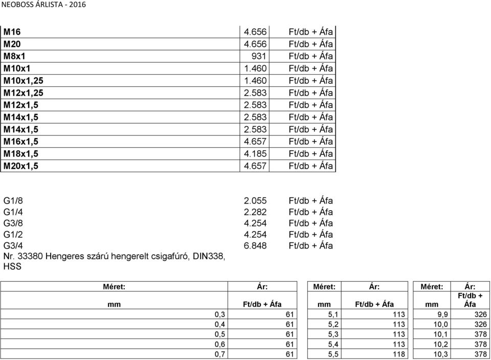 055 Ft/db + Áfa G1/4 2.282 Ft/db + Áfa G3/8 4.254 Ft/db + Áfa G1/2 4.254 Ft/db + Áfa G3/4 6.848 Ft/db + Áfa Nr.
