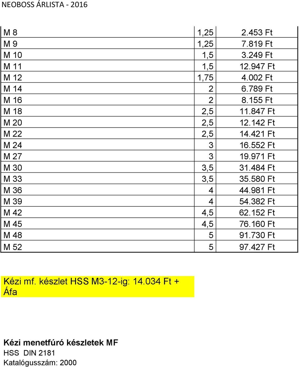 484 Ft M 33 3,5 35.580 Ft M 36 4 44.981 Ft M 39 4 54.382 Ft M 42 4,5 62.152 Ft M 45 4,5 76.160 Ft M 48 5 91.