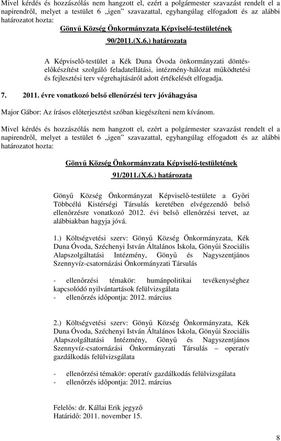 elfogadja. 7. 2011. évre vonatkozó belső ellenőrzési terv jóváhagyása Major Gábor: Az írásos előterjesztést szóban kiegészíteni nem kívánom. 91/2011.(X.6.