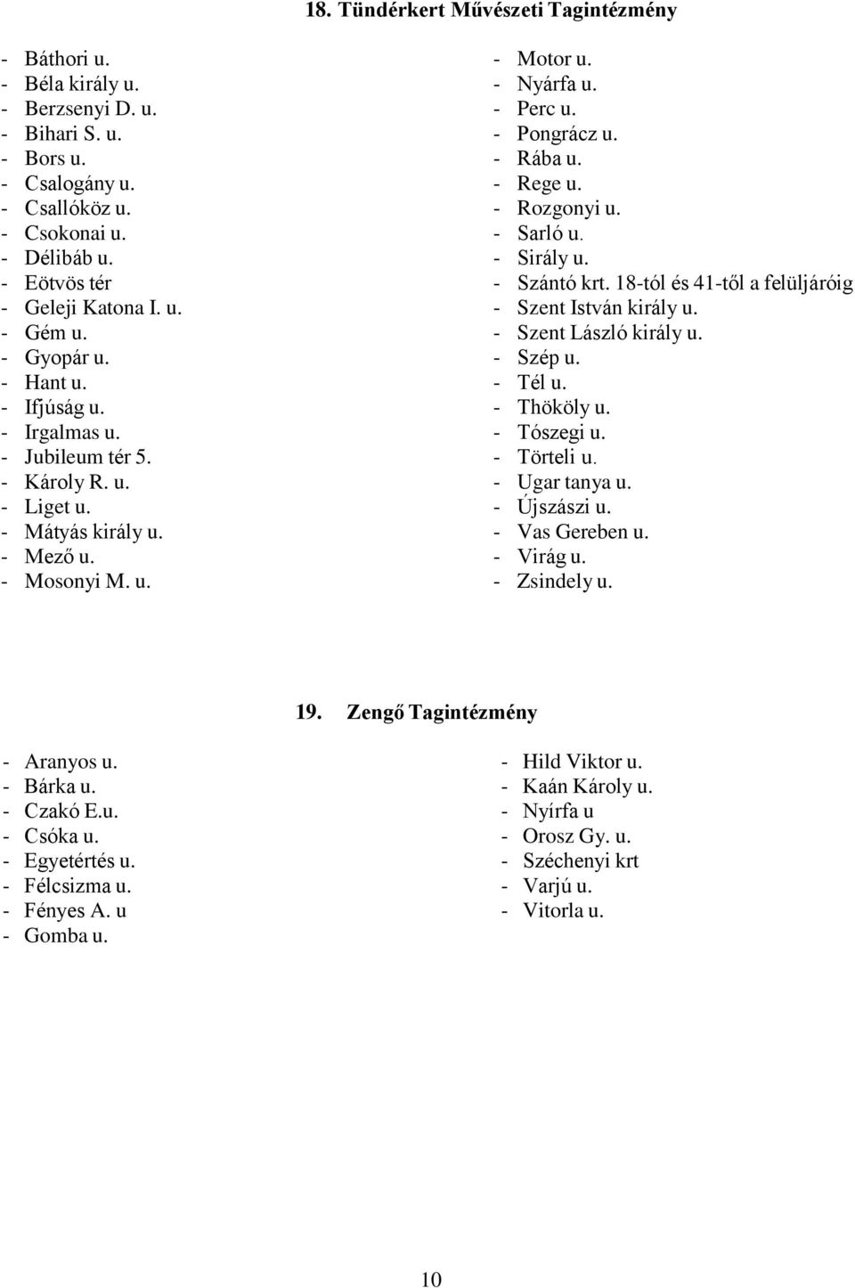 - Rába u. - Rege u. - Rozgonyi u. - Sarló u. - Sirály u. - Szántó krt. 18-tól és 41-től a felüljáróig - Szent István király u. - Szent László király u. - Szép u. - Tél u. - Thököly u. - Tószegi u.