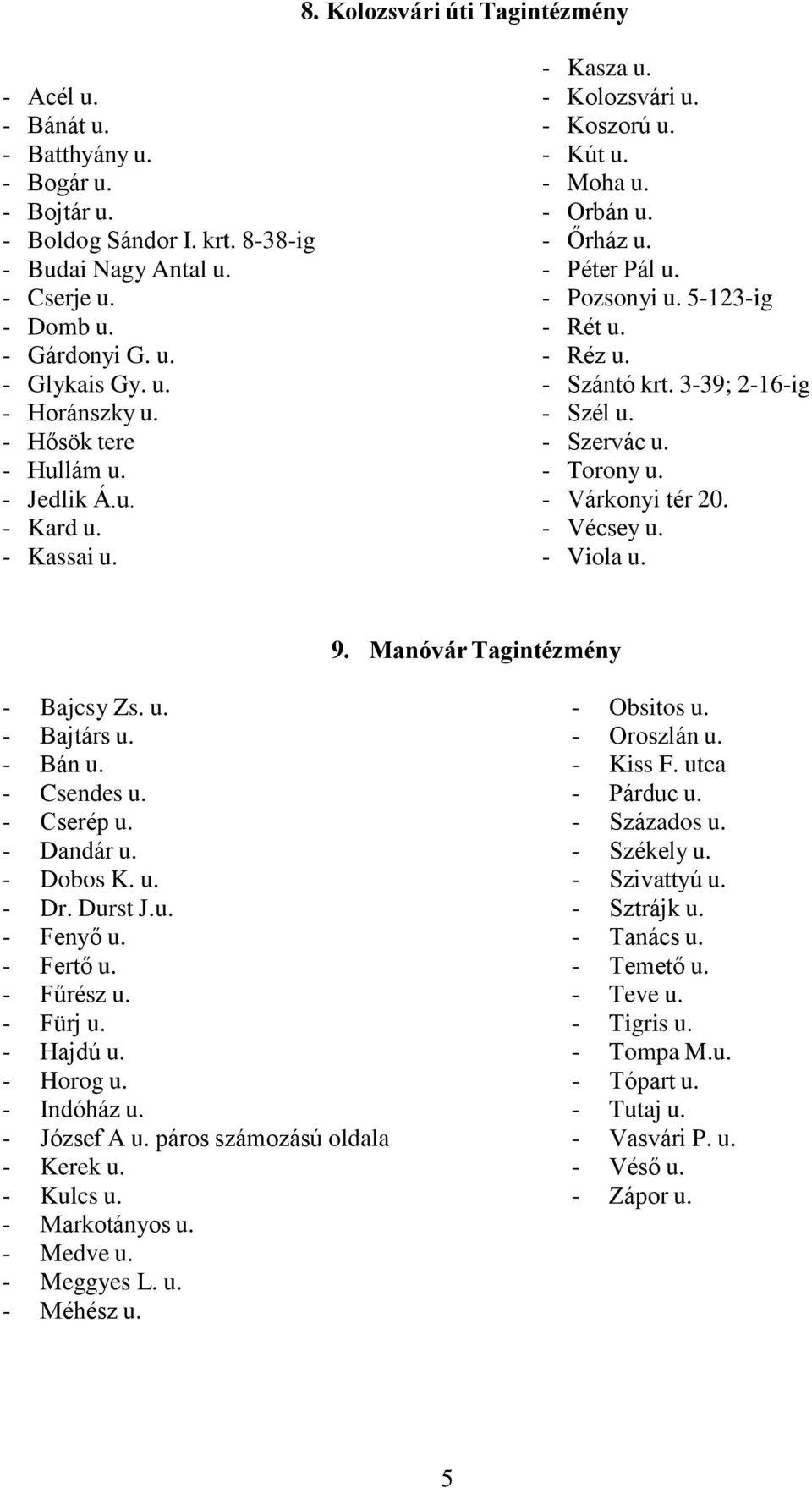 - Szántó krt. 3-39; 2-16-ig - Szél u. - Szervác u. - Torony u. - Várkonyi tér 20. - Vécsey u. - Viola u. 9. Manóvár Tagintézmény - Bajcsy Zs. u. - Bajtárs u. - Bán u. - Csendes u. - Cserép u.